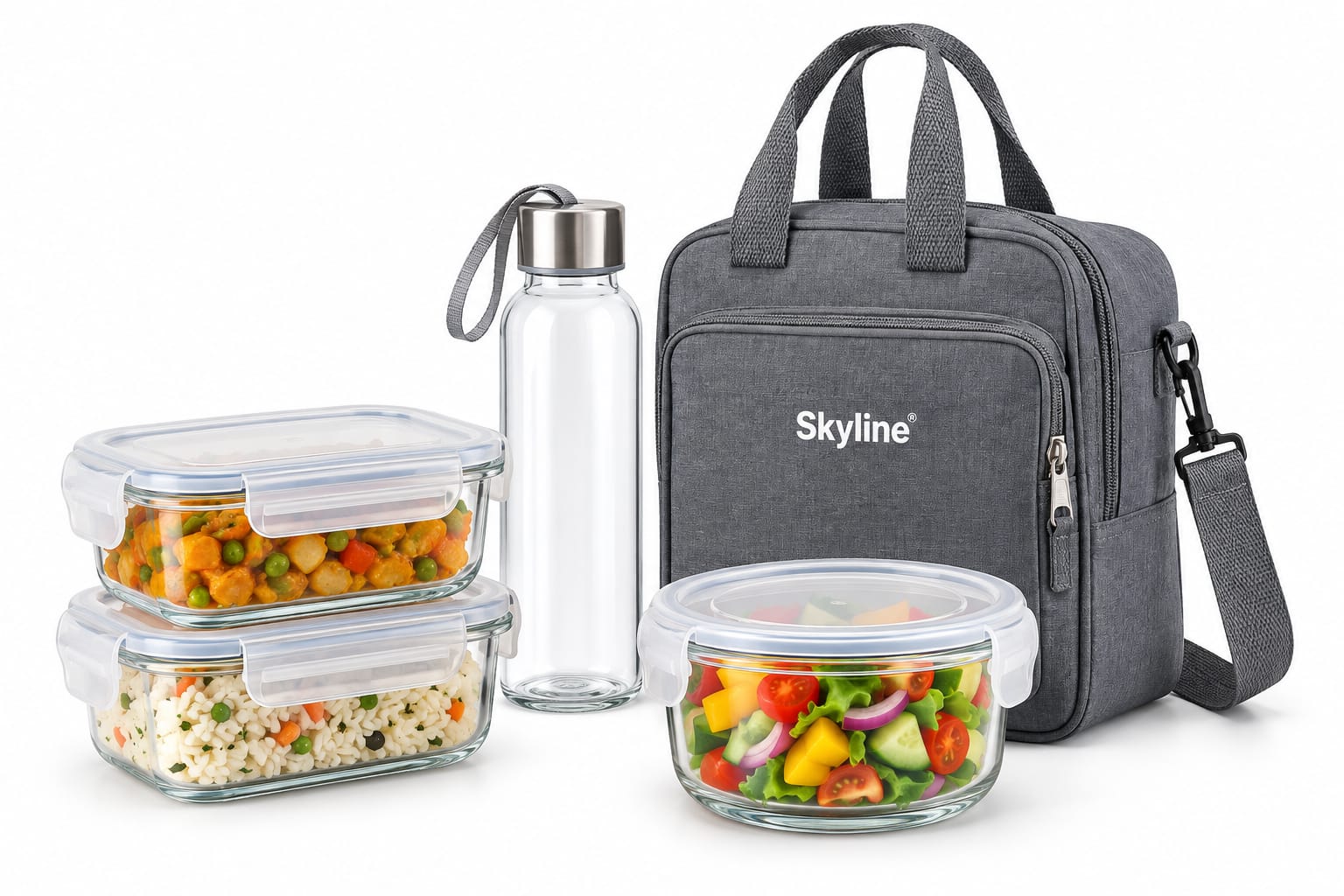 Skyline Meal Mate - Lunch Box with 3 Glass Container, Glass Bottle & Bag