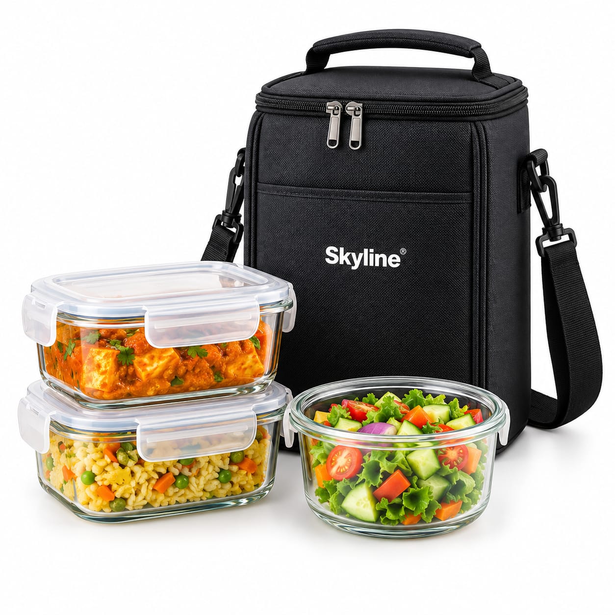 Skyline Glass Mate - Lunch Box with 3 Borosilicate Glass Container & Bag